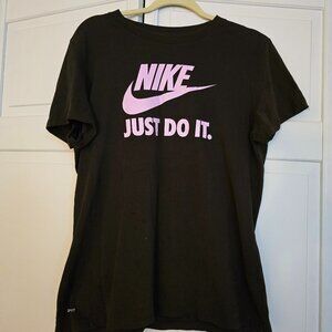 Womens XL Nike Tee Dri Fit Dark Brown with Pink Lettering, Pre owned